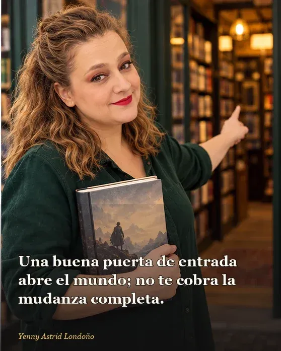 Imagen del artículo «Por dónde empezar a leer a Brandon Sanderson sin abrir una hoja de cálculo», escrito por Yenny Astrid Londoño. Yenny se decide por un libro de tamaño manejable y deja una pila de tomos grandes para otra ocasión.