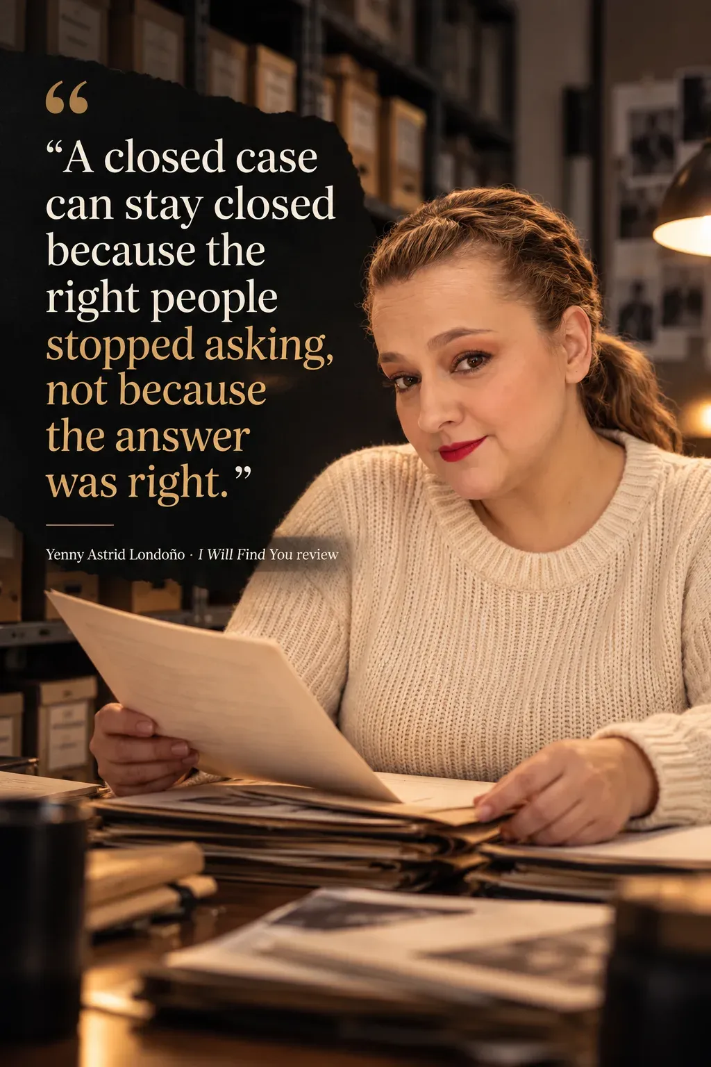 Image from Yenny Astrid Londoño’s review of “I Will Find You”. Yenny in an ivory sweater reviewing a case file in an archive. Text: A closed case can stay closed because the right people stopped asking, not because the answer was right.