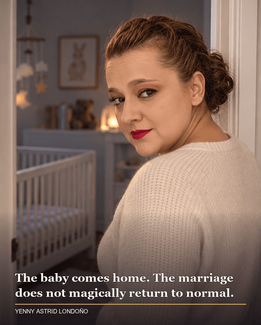 Image from Yenny Astrid Londoño’s review of “The Couple Next Door”. Yenny in a softly lit nursery, considering the cost of the couple’s decision to leave their baby alone. Text: The baby comes home. The marriage does not magically return to normal.