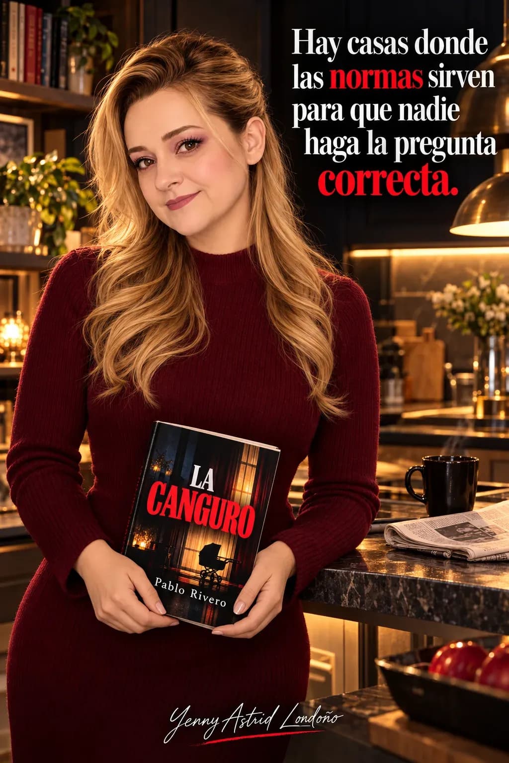 Yenny con semirrecogido y vestido burdeos, sosteniendo La canguro con ambas manos en una cocina iluminada; frase del libro sobre normas y preguntas.