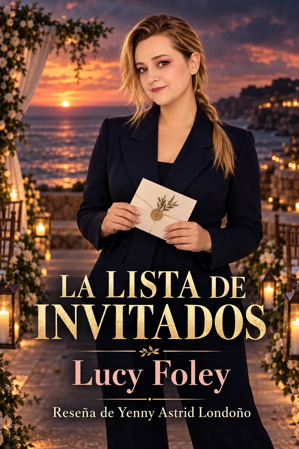 Yenny con traje azul marino y trenza baja sostiene una invitación en una boda costera al atardecer.