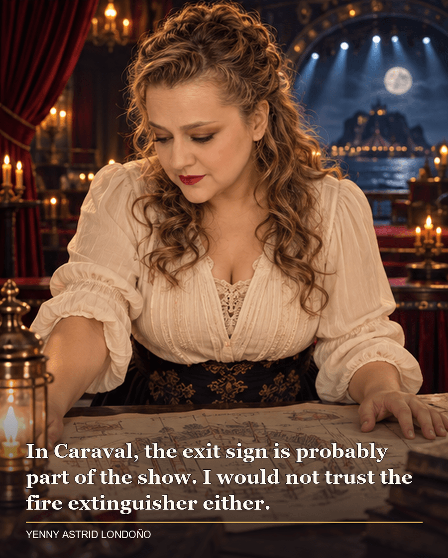 Image from Yenny Astrid Londoño’s review of “Caraval”. Yenny in a shadowy island theater studying a stage map on a table. Text: In Caraval, the exit sign is probably part of the show. I would not trust the fire extinguisher either.