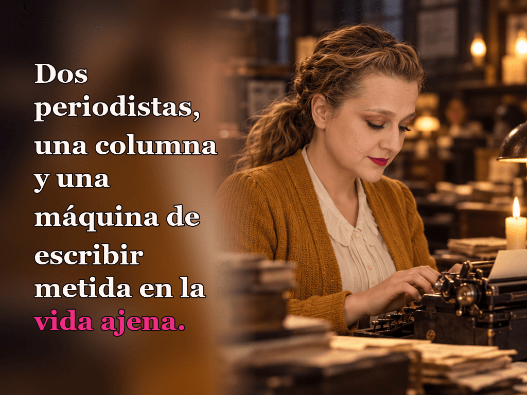 Imagen de la reseña del libro «Rivales divinos», escrita por Yenny Astrid Londoño. Ilustración de Rivales divinos, de Rebecca Ross, con un texto superpuesto: «Dos periodistas, una columna y una máquina de escribir metida en la vida ajena».