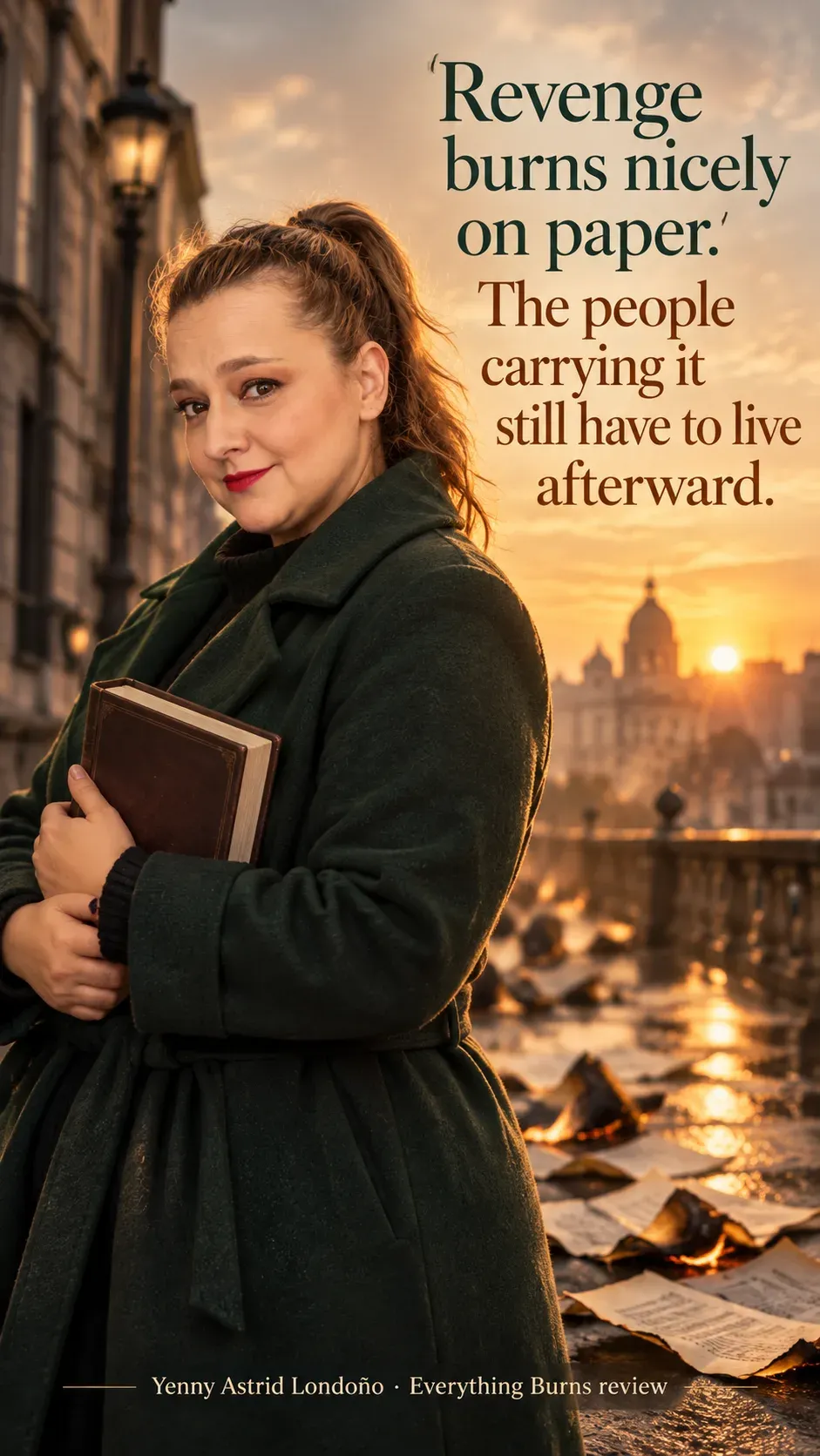 Image from Yenny Astrid Londoño’s review of “Everything Burns”. Yenny in a green coat holding a book on a city street after the fire. Text: Revenge burns nicely on paper. The people carrying it still have to live afterward.