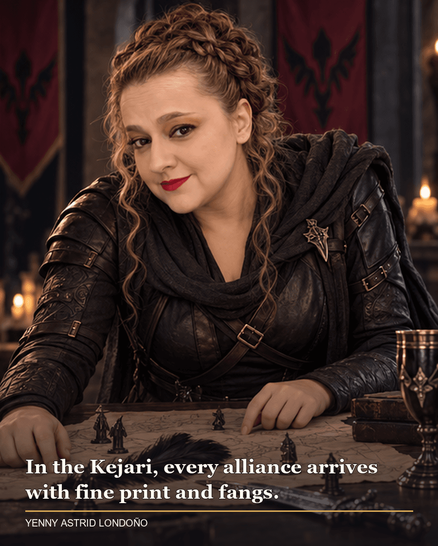 Image from Yenny Astrid Londoño’s review of “The Serpent & the Wings of Night”. Yenny in charcoal clothing reviewing a tournament map and pieces at a strategy table. Text: In the Kejari, every alliance arrives with fine print and fangs.