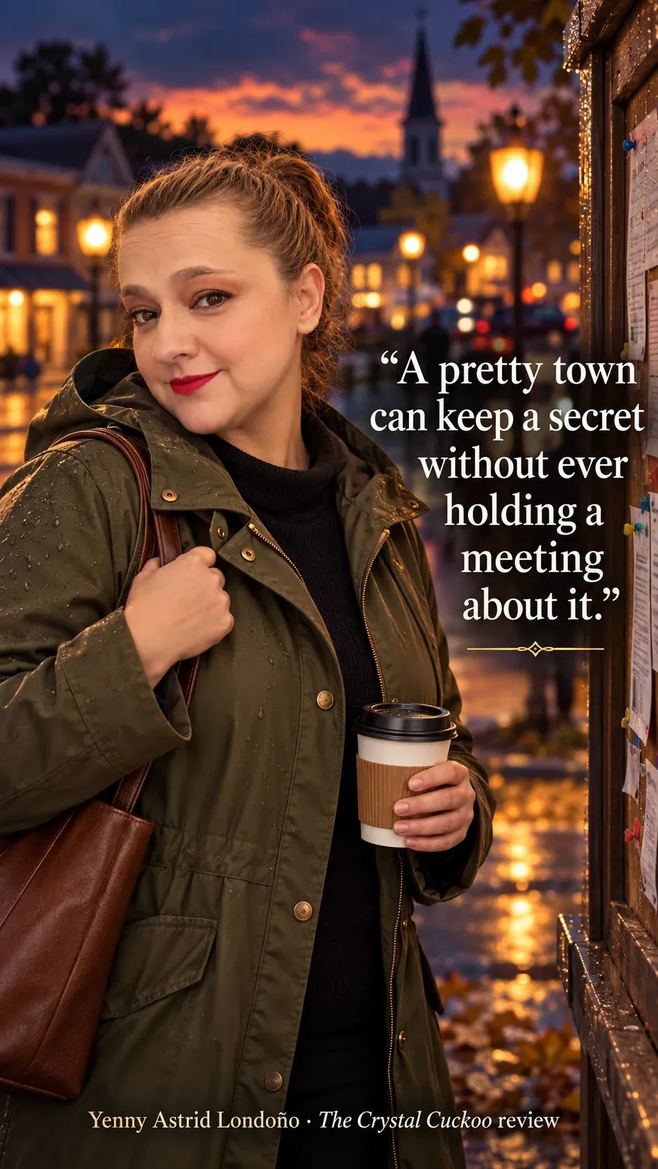 Image from Yenny Astrid Londoño’s review of “The Crystal Cuckoo”. Yenny in an olive raincoat outside a small town at dusk. Text: A pretty town can keep a secret without ever holding a meeting about it.