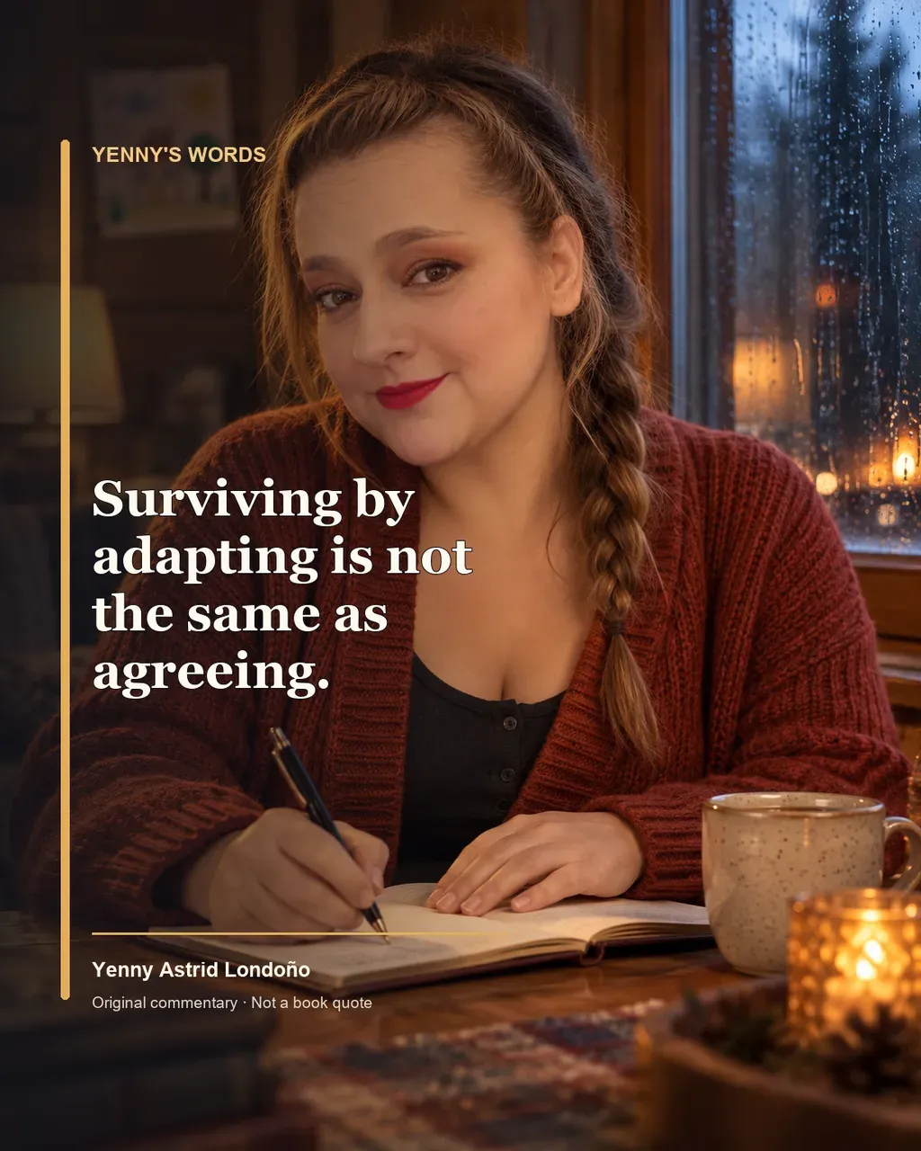 Image from Yenny Astrid Londoño’s review of “Dear Child”. Illustration of Dear Child, by Romy Hausmann, with overlaid text: «Surviving by adapting is not the same as agreeing.»