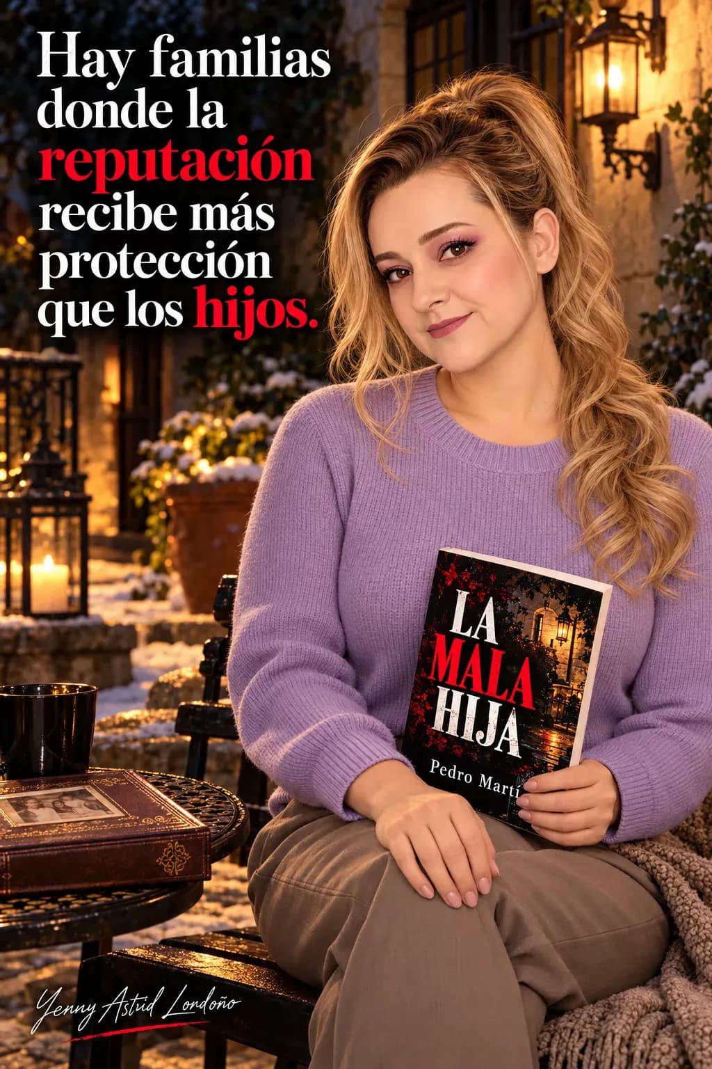 Yenny con coleta rizada y jersey lila en un patio de piedra, con La mala hija en una mano y la otra en la rodilla; frase del libro sobre la reputación familiar.