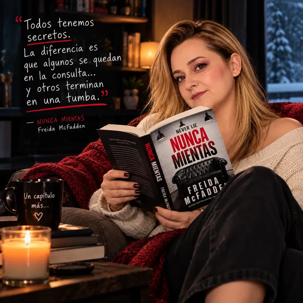 Yenny Astrid Londoño leyendo Nunca mientas, de Freida McFadden, arropada con una manta roja junto a una vela.