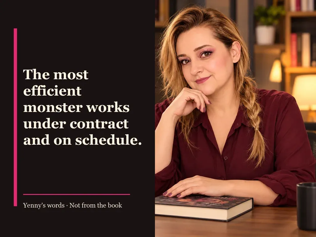 Image from Yenny Astrid Londoño’s review of “Tender Is the Flesh”. Illustration of Cadáver exquisito, by Agustina Bazterrica, with overlaid text: «The most efficient monster works under contract and on schedule.»