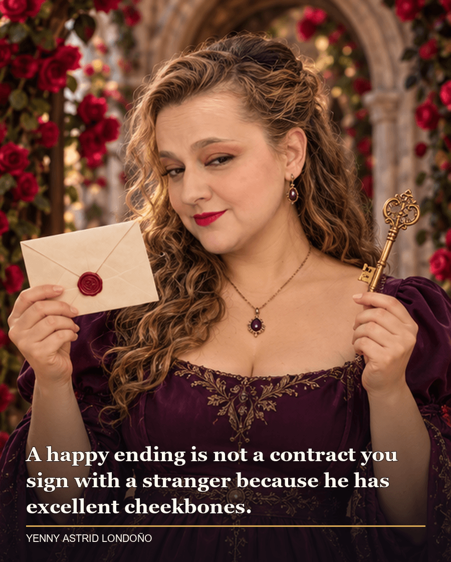 Image from Yenny Astrid Londoño’s review of “Once Upon a Broken Heart”. Yenny in a plum dress at a rose-covered archway comparing a sealed letter with an ornate key. Text: A happy ending is not a contract you sign with a stranger because he has excellent cheekbones.
