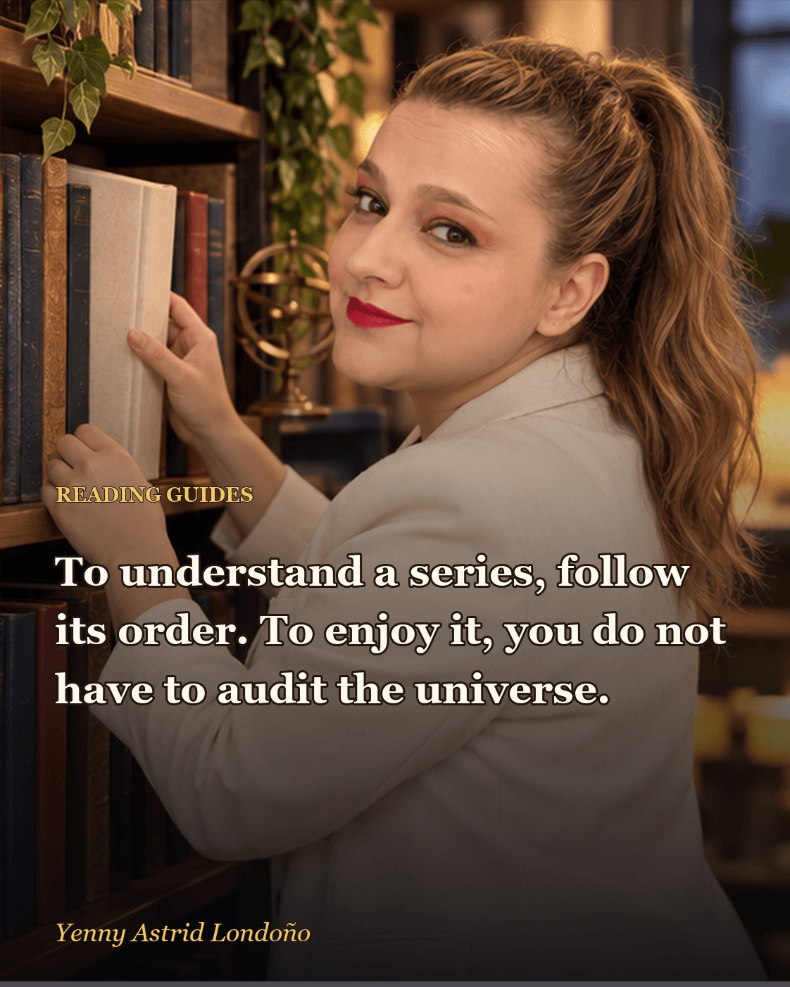 Image from “Brandon Sanderson Reading Order for Beginners: The Series First, the Map Later,” written by Yenny Astrid Londoño. Yenny ordering one series on a table and setting the larger universe map aside.