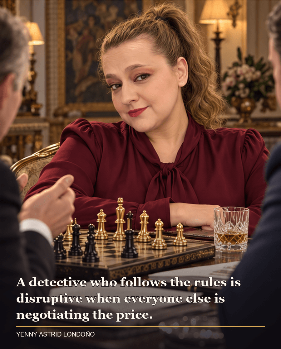 Image from Yenny Astrid Londoño’s review of “All About Money”. Yenny in a burgundy blouse beside a chessboard and legal papers, unimpressed by wealthy rule-bending. Text: A detective who follows the rules is disruptive when everyone else is negotiating the price.
