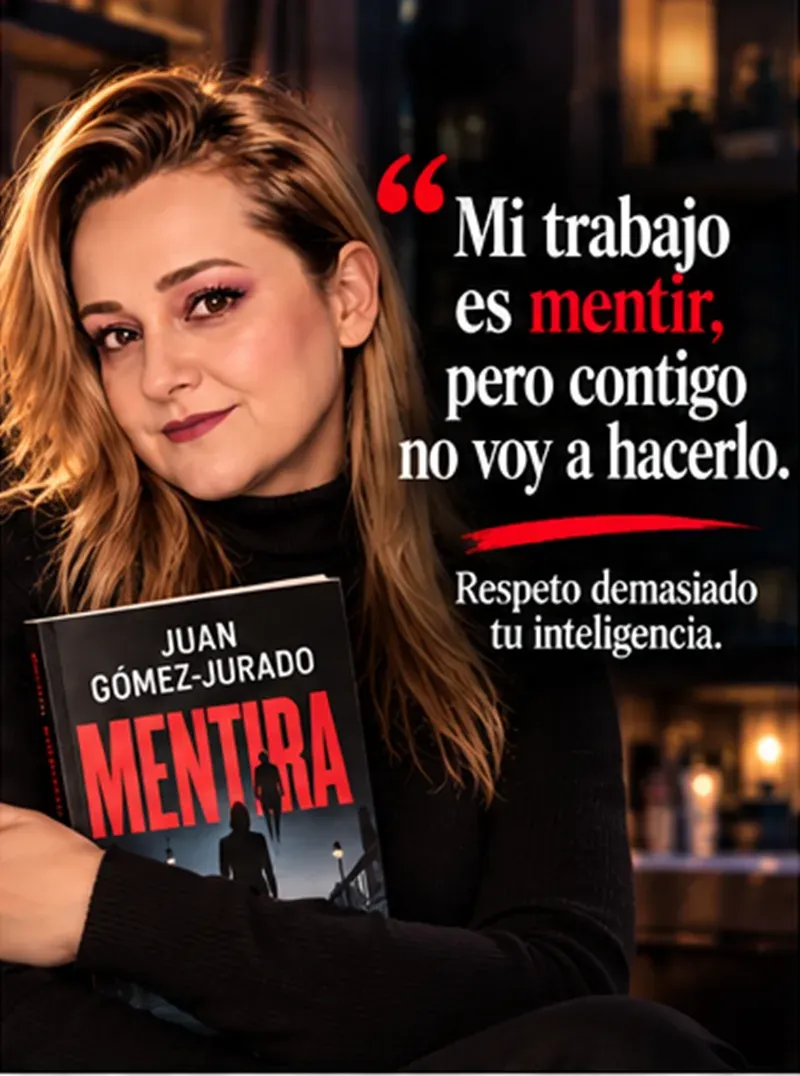 Yenny Astrid Londoño con un suéter negro de cuello alto y Mentira, de Juan Gómez-Jurado, en los brazos, con un texto superpuesto en la imagen.