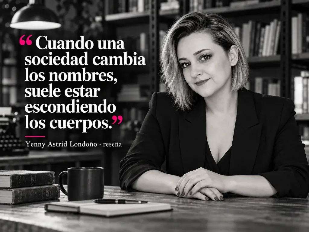 Imagen de la reseña del libro «Cadáver exquisito», escrita por Yenny Astrid Londoño. Yenny Astrid Londoño en una imagen editorial con la frase del libro sobre Cuando una sociedad cambia los nombres, suele estar escondiendo los cuerpos.