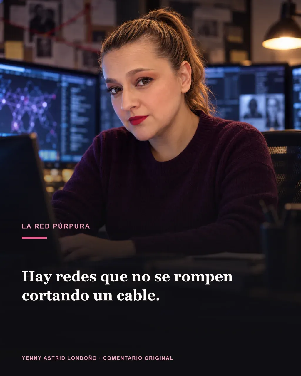 Imagen de la reseña del libro «La red púrpura», escrita por Yenny Astrid Londoño. Ilustración de La red púrpura, de Carmen Mola, con un texto superpuesto: «Hay redes que no se rompen cortando un cable».