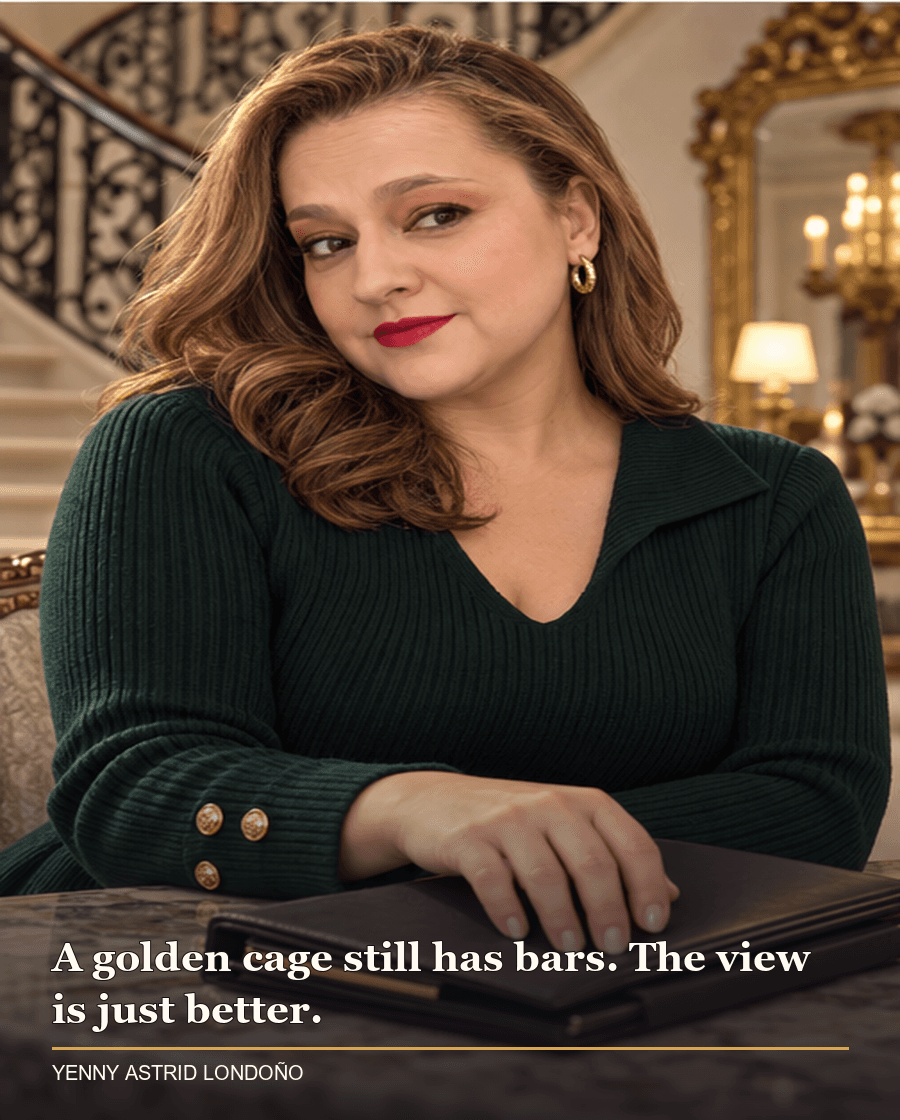 Image from Yenny Astrid Londoño’s review of “The Last Mrs. Parrish”. Parrish”. Yenny in a forest-green sweater beside a grand staircase and gilded mirror, considering a closed folder. Text: A golden cage still has bars. The view is just better.