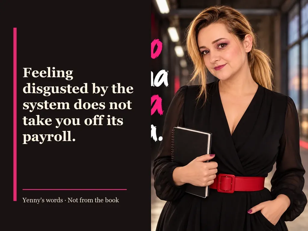 Image from Yenny Astrid Londoño’s review of “Tender Is the Flesh”. Illustration of Cadáver exquisito, by Agustina Bazterrica, with overlaid text: «Feeling disgusted by the system does not take you off its payroll.»