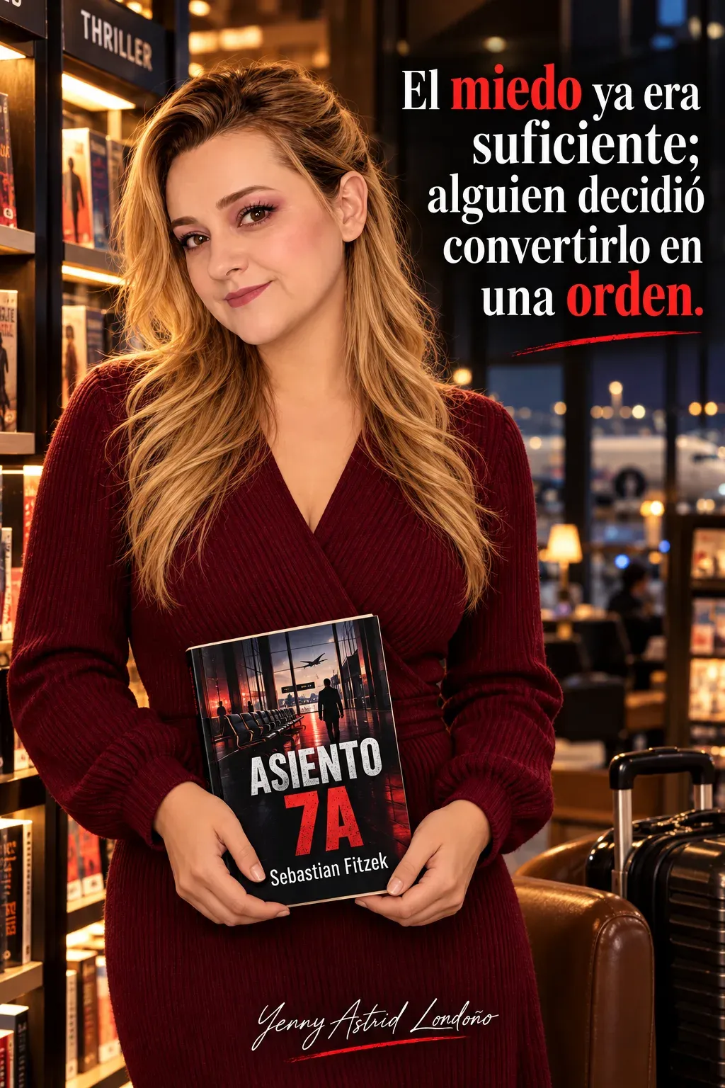Yenny con semirrecogido y vestido burdeos, sosteniendo Asiento 7A con ambas manos en una librería de aeropuerto; frase del libro sobre el miedo convertido en orden.