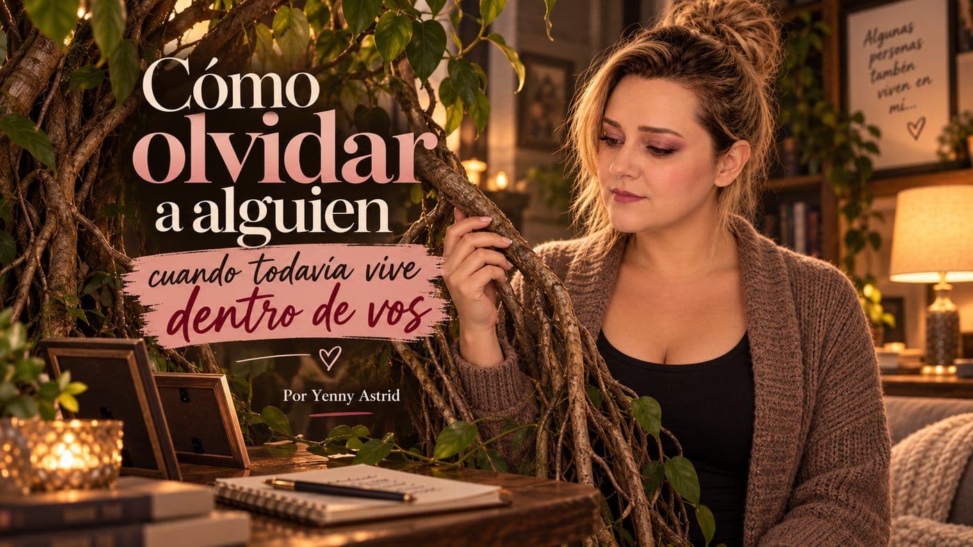 Portada del artículo «Cómo olvidar a alguien cuando todavía vive dentro de vos», escrito por Yenny Astrid Londoño. Yenny Astrid Londoño sosteniendo unas raíces, junto a la frase «Cómo olvidar a alguien cuando todavía vive dentro de vos»