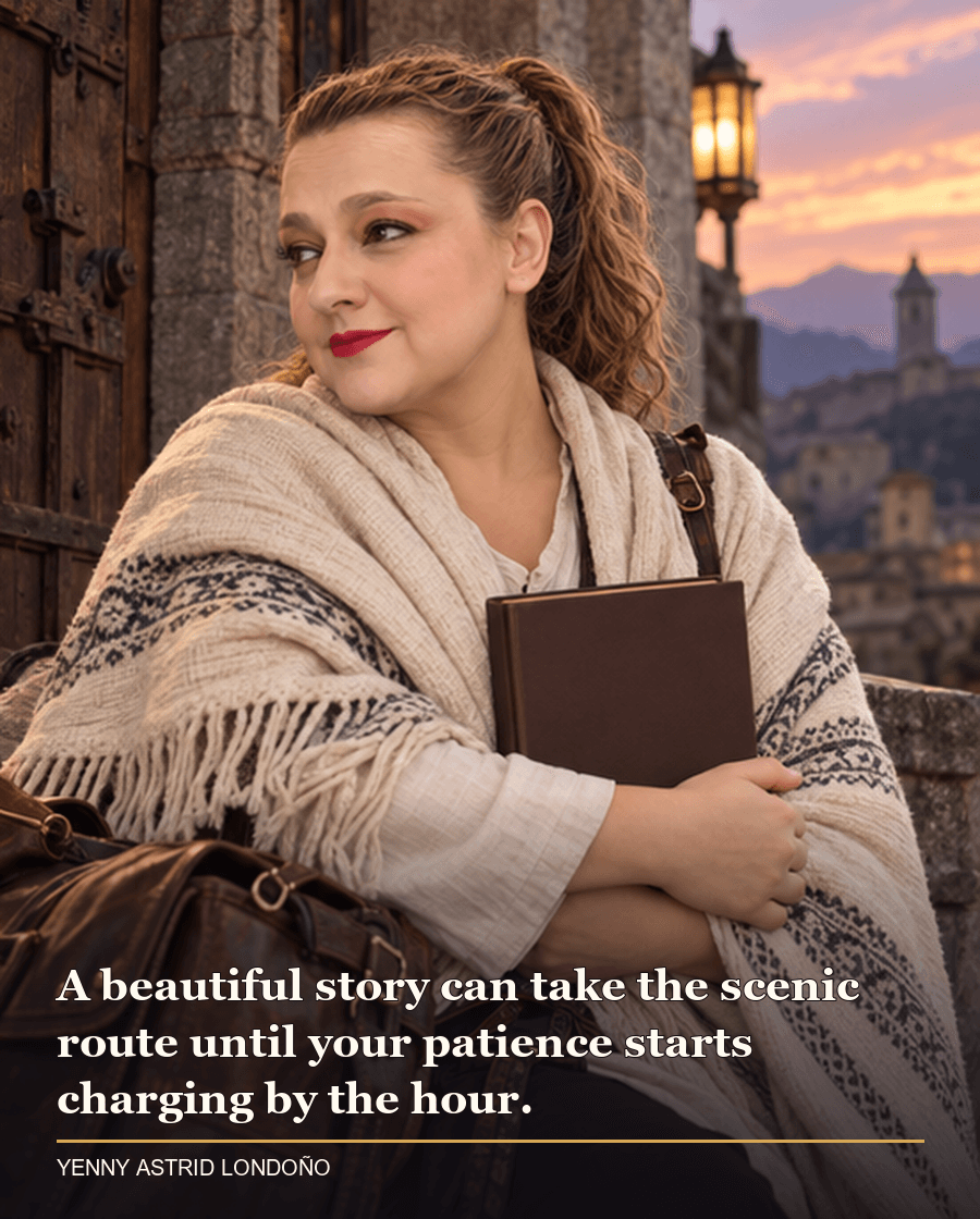 Image from Yenny Astrid Londoño’s review of “The Name of the Wind”. Yenny in a cream shawl by an old stone doorway with a closed book and travel bag at dusk. Text: A beautiful story can take the scenic route until your patience starts charging by the hour.