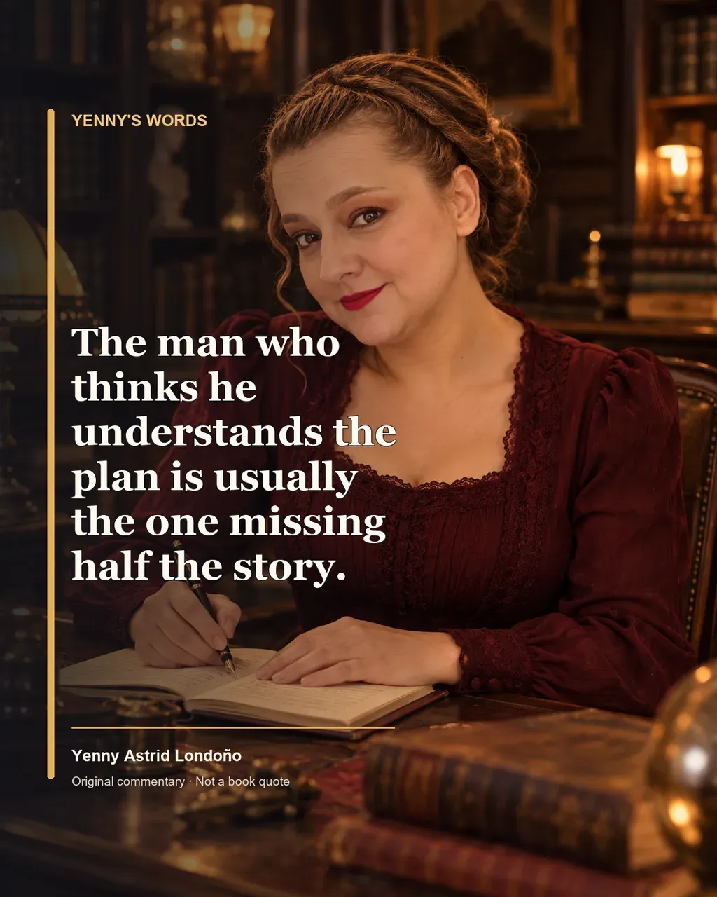 Image from Yenny Astrid Londoño’s review of “Fingersmith”. Illustration of Fingersmith, by Sarah Waters, with overlaid text: «The man who thinks he understands the plan is usually the one missing half the story.»