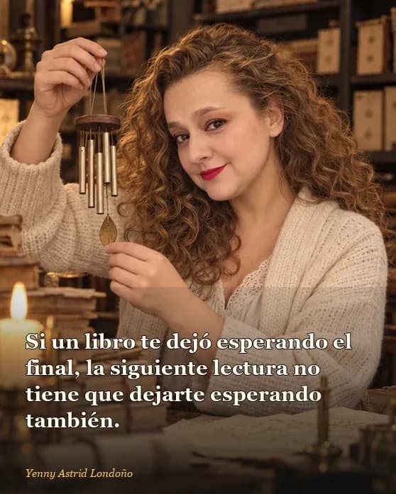 Imagen del artículo «Qué leer después de *El nombre del viento*: ocho opciones para quien sigue oyendo la música», escrito por Yenny Astrid Londoño. Yenny sostiene un libro cerrado en una biblioteca antigua y mira con humor una libreta llena de separadores.