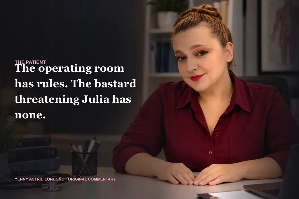 Image from Yenny Astrid Londoño’s review of “The Patient”. Illustration of The Patient, by Juan Gómez-Jurado, with overlaid text: «The operating room has rules. The bastard threatening Julia has none.»