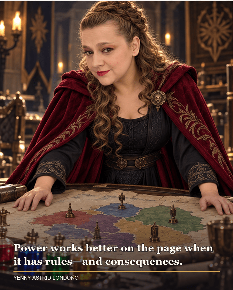 Image from Yenny Astrid Londoño’s review of “The Black Prism”. Yenny in a red cloak in a war room with a map of seven provinces and colored glass vials. Text: Power works better on the page when it has rules—and consequences.