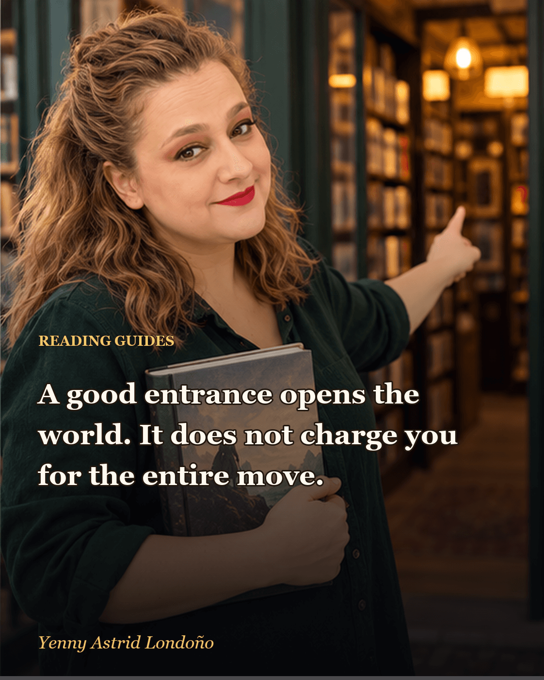 Image from “Where to Start Reading Brandon Sanderson Without Opening a Spreadsheet,” written by Yenny Astrid Londoño. Yenny choosing a manageable first book while a larger fantasy stack waits nearby.