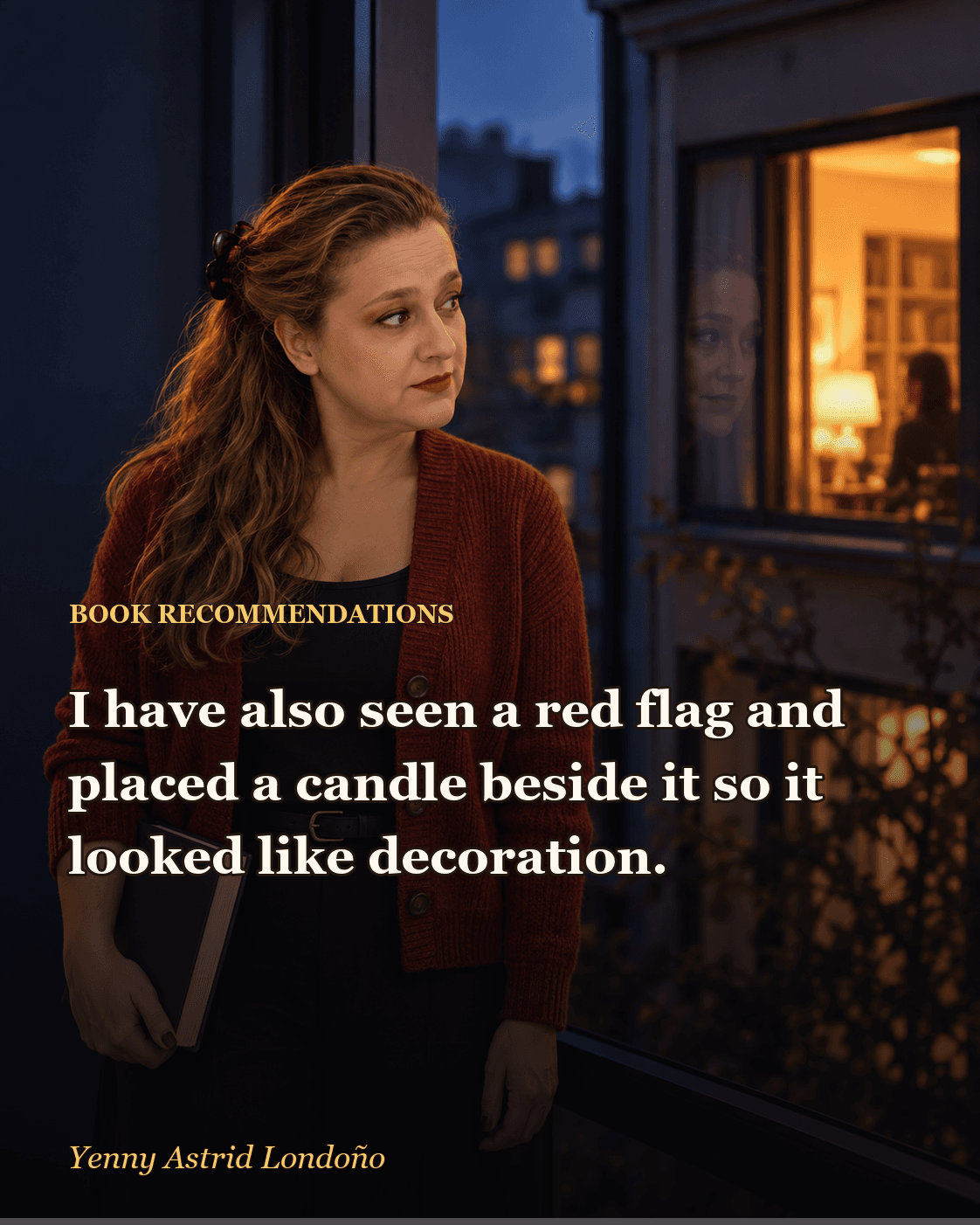 Image from “Best Psychological Thrillers That Actually Hook You: Ten Books That Make You Distrust the Person Who Recommended Them,” written by Yenny Astrid Londoño. Yenny watching a lit window with suspicion while holding a book.