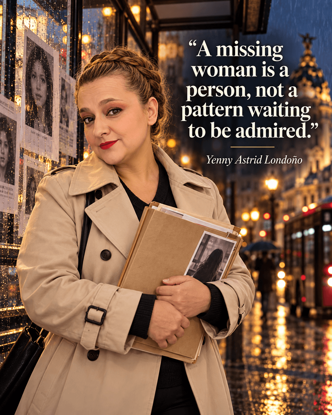 Image from Yenny Astrid Londoño’s review of “The Master”. Yenny at a bus stop with missing-person posters. Text: A missing woman is a person, not a pattern waiting to be admired.