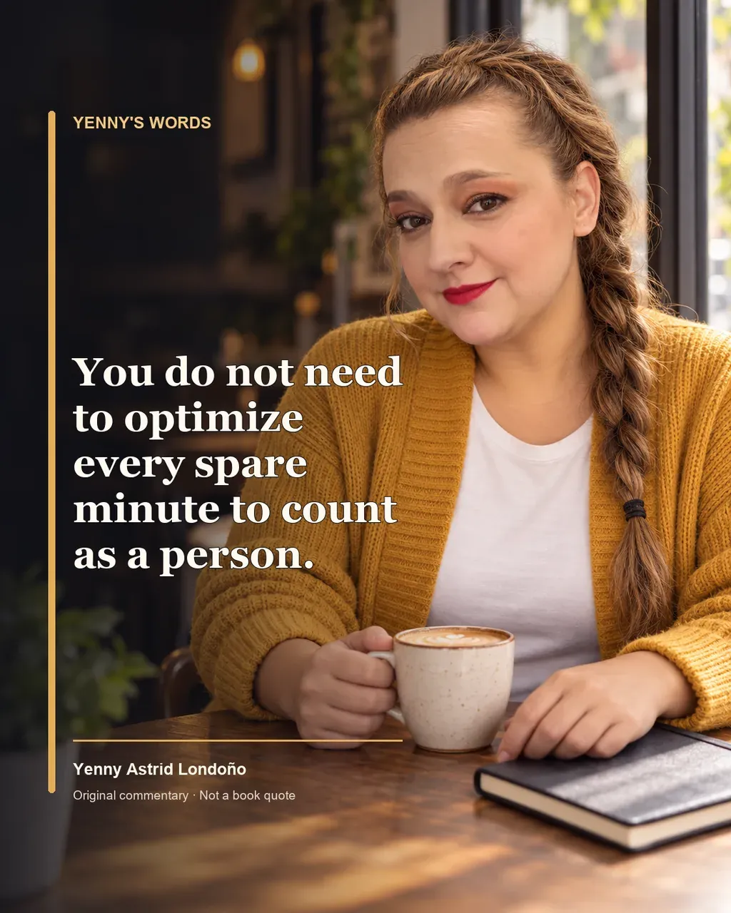 Image from Yenny Astrid Londoño’s review of “Atomic Habits”. Illustration of Hábitos atómicos, by James Clear, with overlaid text: «You do not need to optimize every spare minute to count as a person.»