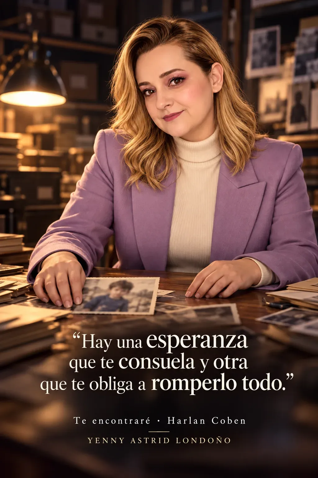 Yenny con blazer lila y suéter crema, sentada entre fotografías en un archivo; frase sobre una esperanza que obliga a cambiarlo todo.