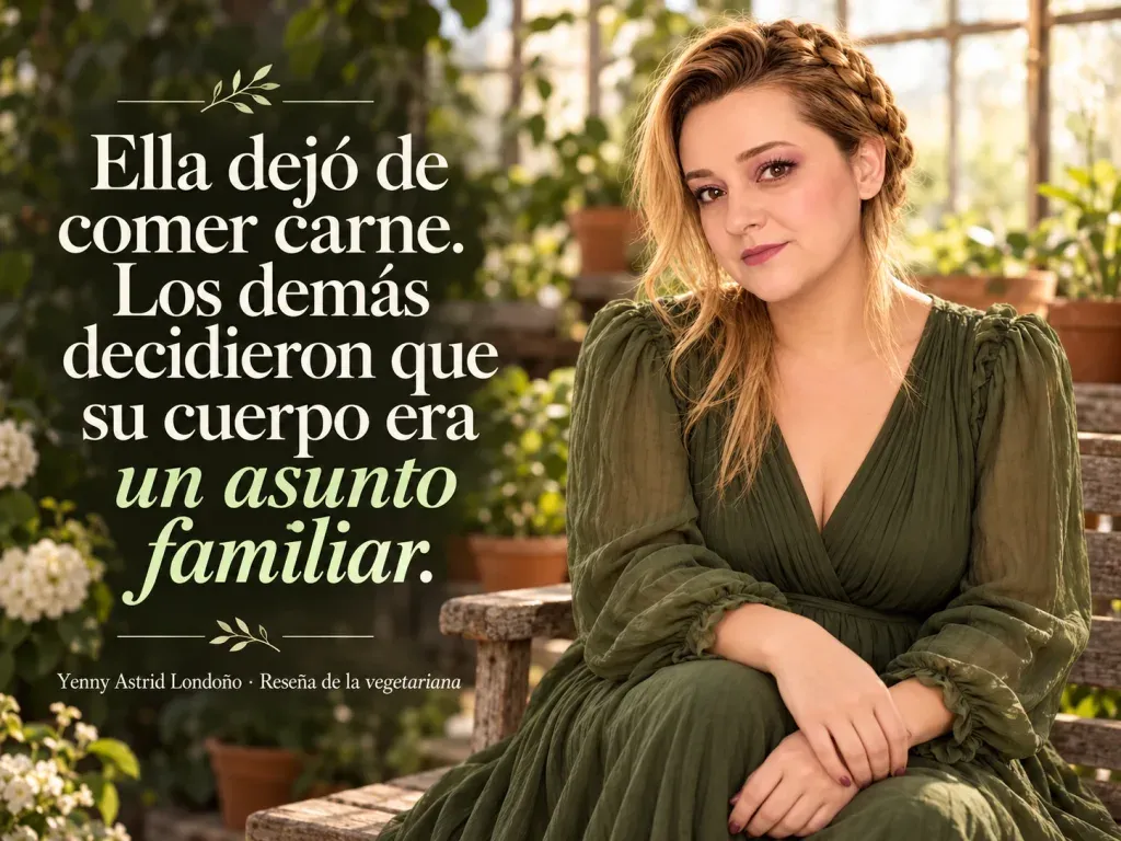 Imagen de la reseña del libro «La vegetariana», escrita por Yenny Astrid Londoño. Yenny Astrid Londoño en una imagen editorial con la frase del libro sobre Ella dejó de comer carne. Los demás decidieron que su cuerpo era un asunto familiar.