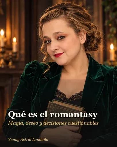 Portada del artículo «Qué es el romantasy y cuáles libros valen la pena: magia, deseo y decisiones cuestionables», escrito por Yenny Astrid Londoño. Yenny en una biblioteca fantástica sobria, con un libro de fantasía en la mano, rodeada de mapas y una rosa oscura