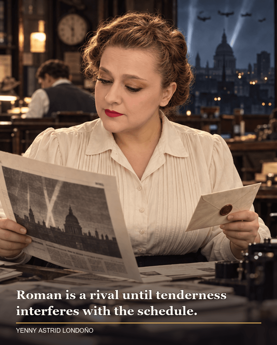 Image from Yenny Astrid Londoño’s review of “Divine Rivals”. Yenny in an ivory blouse in a newsroom comparing a proof sheet and unopened letter near a blackout window. Text: Roman is a rival until tenderness interferes with the schedule.