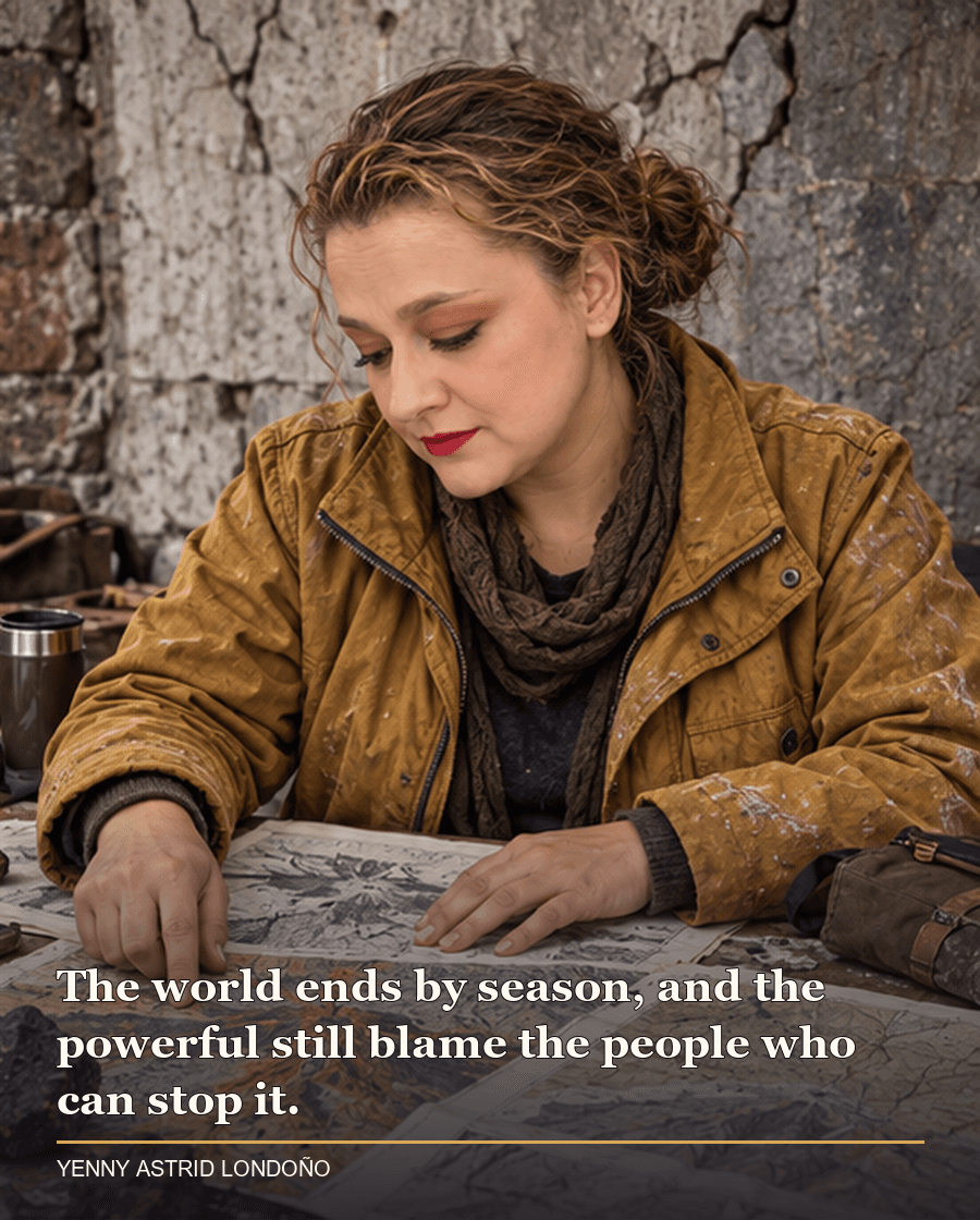 Image from Yenny Astrid Londoño’s review of “The Fifth Season”. Yenny in an ochre jacket beside a fractured stone wall with geological maps on a table. Text: The world ends by season, and the powerful still blame the people who can stop it.