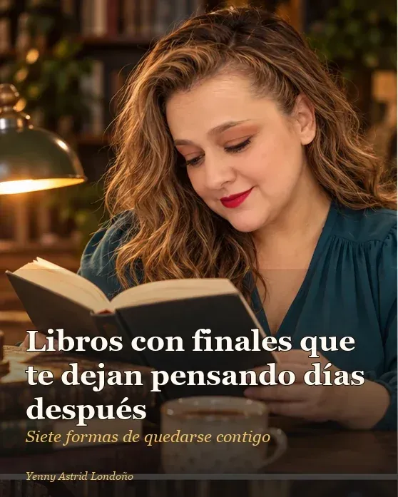 Portada del artículo «Libros con finales que te dejan pensando días después: siete formas de quedarse contigo», escrito por Yenny Astrid Londoño. Yenny mira las últimas páginas de una novela junto a una taza y un cuaderno abierto con preguntas.