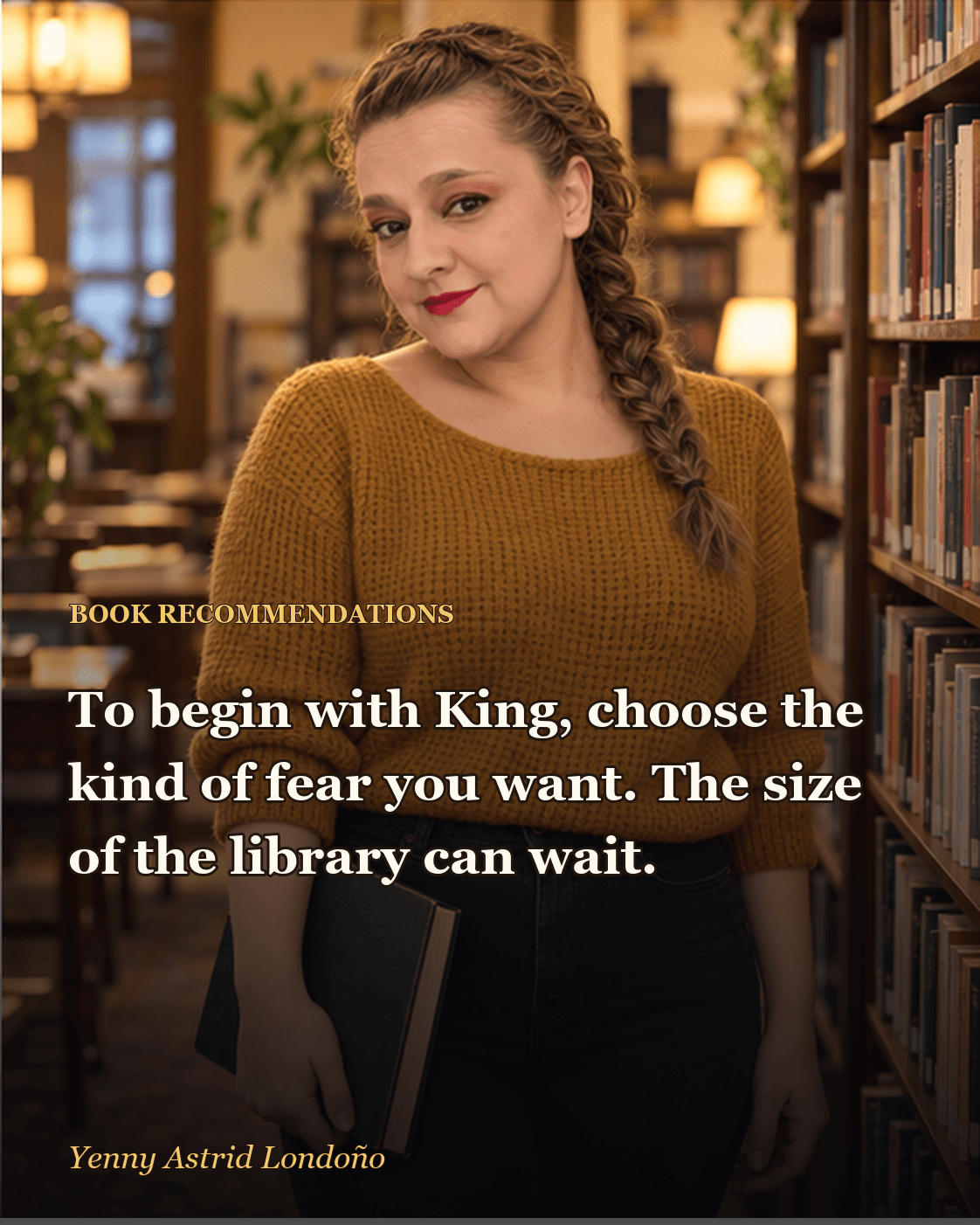 Image from “Best Stephen King Books for Beginners: Eight Doors and No Obligation to Open Them All,” written by Yenny Astrid Londoño. Yenny choosing a Stephen King novel beneath a projector light in a quiet library.