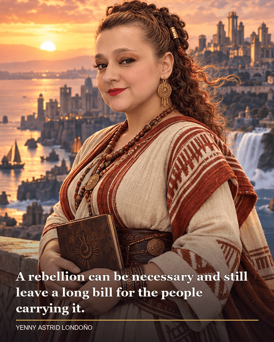 Image from Yenny Astrid Londoño’s review of “Children of Blood and Bone”. Yenny in a cream-and-rust woven tunic overlooking a coastal city at sunset, holding a closed notebook. Text: A rebellion can be necessary and still leave a long bill for the people carrying it.