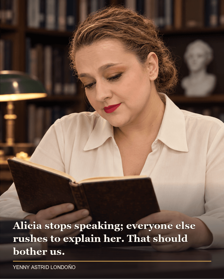 Image from Yenny Astrid Londoño’s review of “The Silent Patient”. Yenny reading a diary in a quiet library, reflecting on Alicia’s silence in The Silent Patient. Text: Alicia stops speaking; everyone else rushes to explain her. That should bother us.