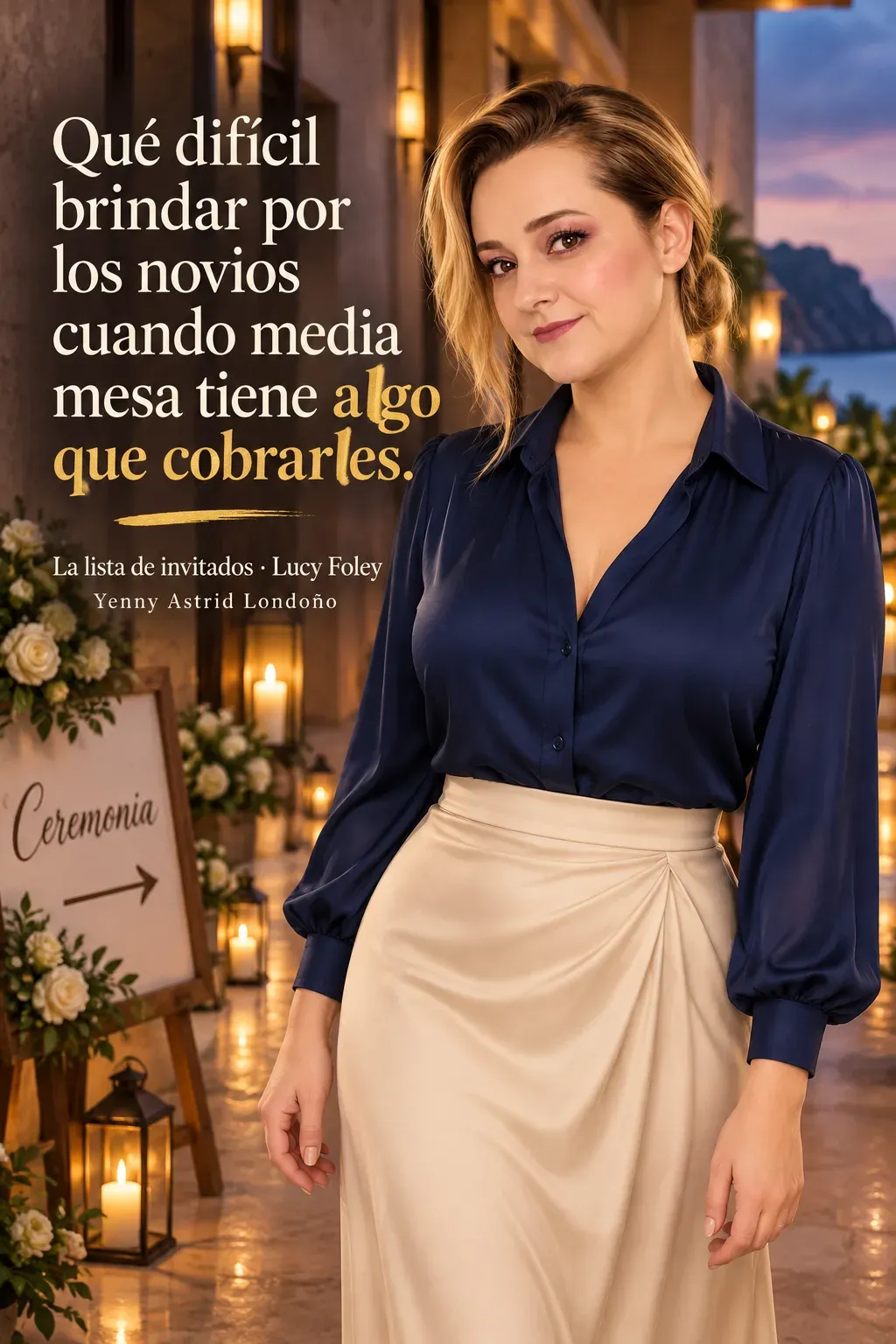 Yenny con blusa azul y falda crema en un pasillo de hotel isleño rumbo a una ceremonia.