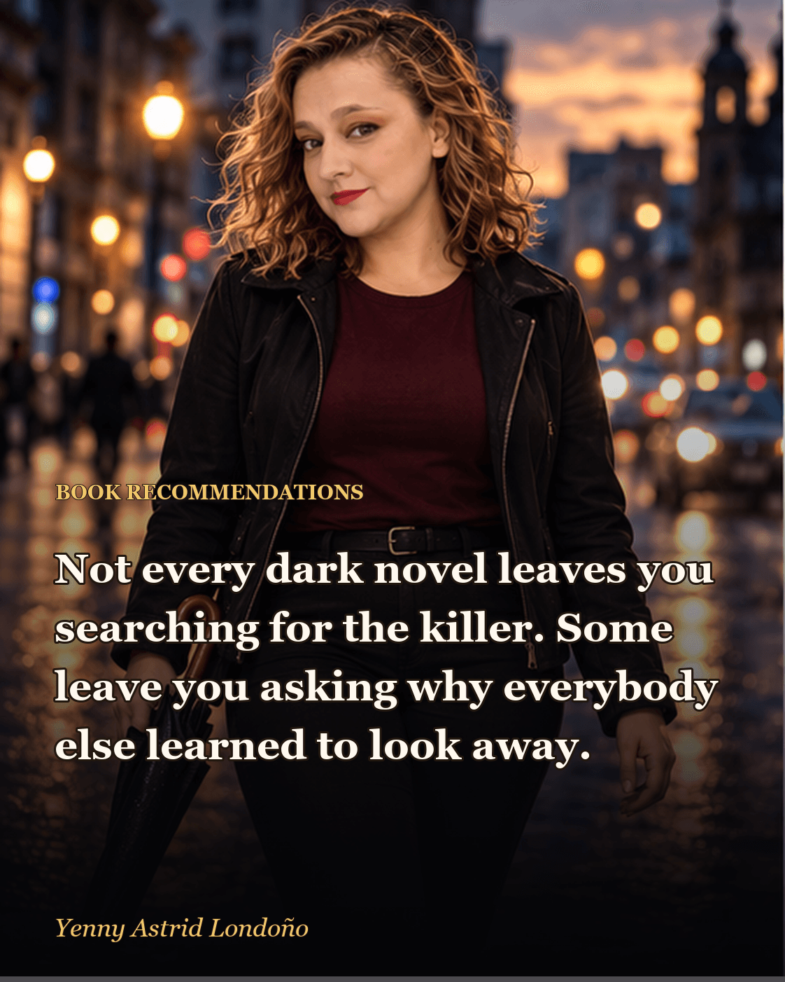 Image from “Best Noir Novels for Beginners: Eight Crimes and No Promise You Will Sleep Peacefully,” written by Yenny Astrid Londoño. Yenny closing a case file beside a rain-lit city window.