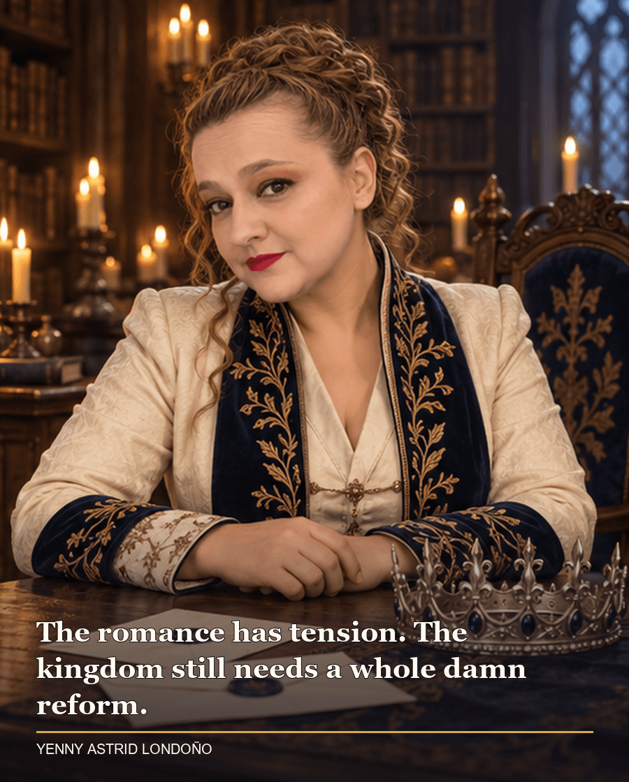 Image from Yenny Astrid Londoño’s review of “Powerless”. Yenny in a cream-and-navy jacket at a candlelit library table with letters and a crown. Text: The romance has tension. The kingdom still needs a whole damn reform.