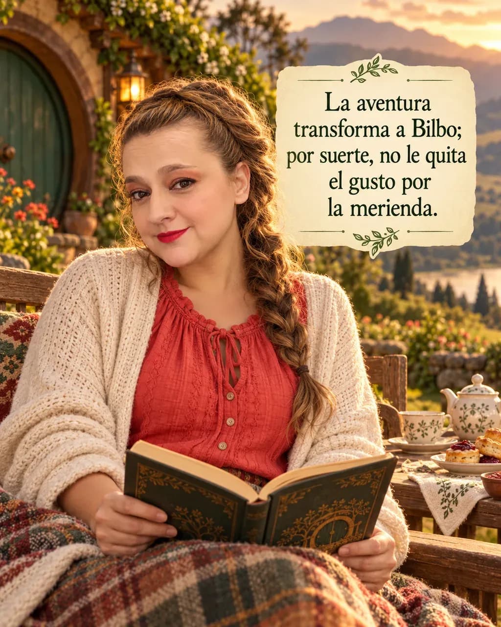 Imagen de la reseña del libro «El hobbit», escrita por Yenny Astrid Londoño. Ilustración de El hobbit, de J. R. R. Tolkien, con un texto superpuesto: «La aventura transforma a Bilbo; por suerte, no le quita el gusto por la merienda».