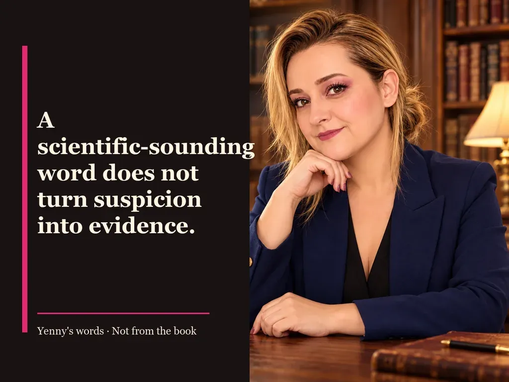 Image from Yenny Astrid Londoño’s review of “The Secret of Secrets”. Illustration of El último secreto, by Dan Brown, with overlaid text: «A scientific-sounding word does not turn suspicion into evidence.»