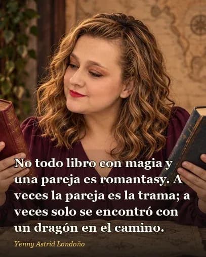 Imagen del artículo «Qué es el romantasy y cuáles libros valen la pena: magia, deseo y decisiones cuestionables», escrito por Yenny Astrid Londoño. Yenny en un salón de lectura mágico compara dos libros al lado de un mapa; frase: “No todo libro con magia y una pareja