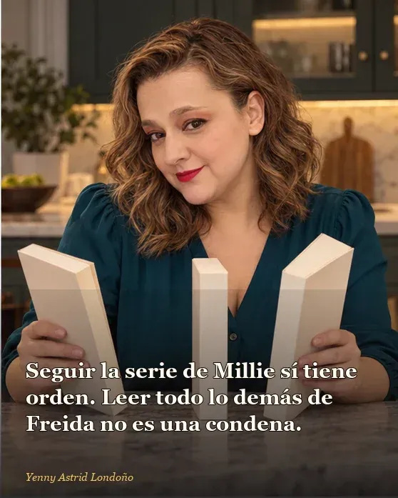 Imagen del artículo «Mejores libros de Freida McFadden y en qué orden leerlos», escrito por Yenny Astrid Londoño. Yenny ordena tres novelas y aparta un relato breve al lado; frase: “Seguir la serie de Millie sí tiene orden. Leer todo