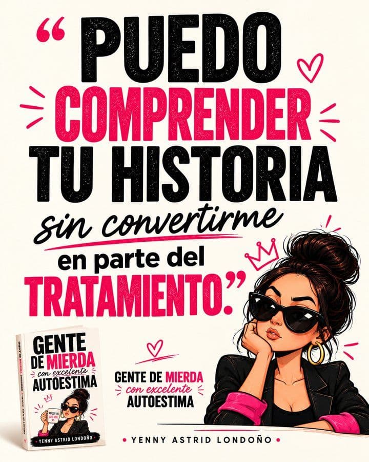 Image from “Self-Esteem Without an Audit: Loving Yourself Without Ever Checking Yourself,” written by Yenny Astrid Londoño. Yenny Astrid beside the words: ‘I can understand your story without becoming part of the treatment’